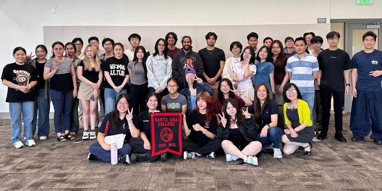 Dr. Junko Ishikawa with new students at Santa Ana College Orientation, 2025.