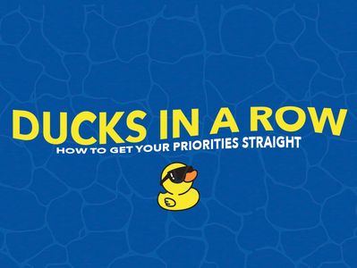 Yellow duck with sunglasses under the text 'Ducks in a Row'.