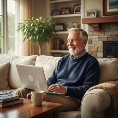 older man using WiFi at home