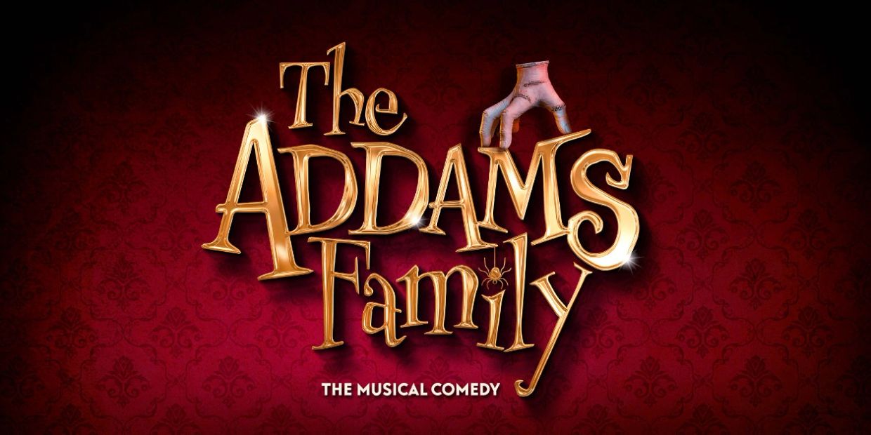 The Addams Family musical comedy logo with a spooky hand.