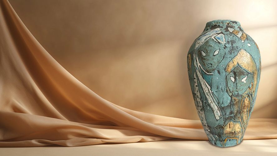 Schiewe Ceramics. illustrative vase Singapore women batik style. blue grey gold.