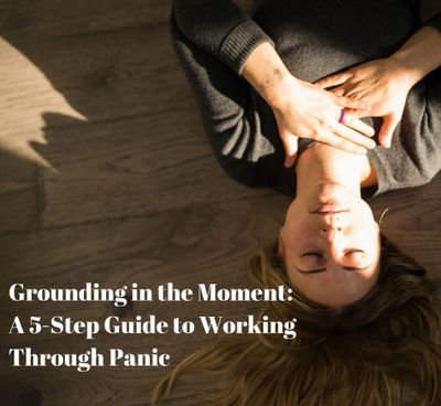Woman laying on floor, eyes closed, titled "Grounding in the Moment: 5-step guide to panic"