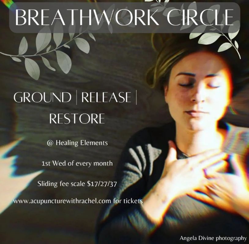 A female laying on the wood floor with her hands covering her throat with words "breathwork circle"
