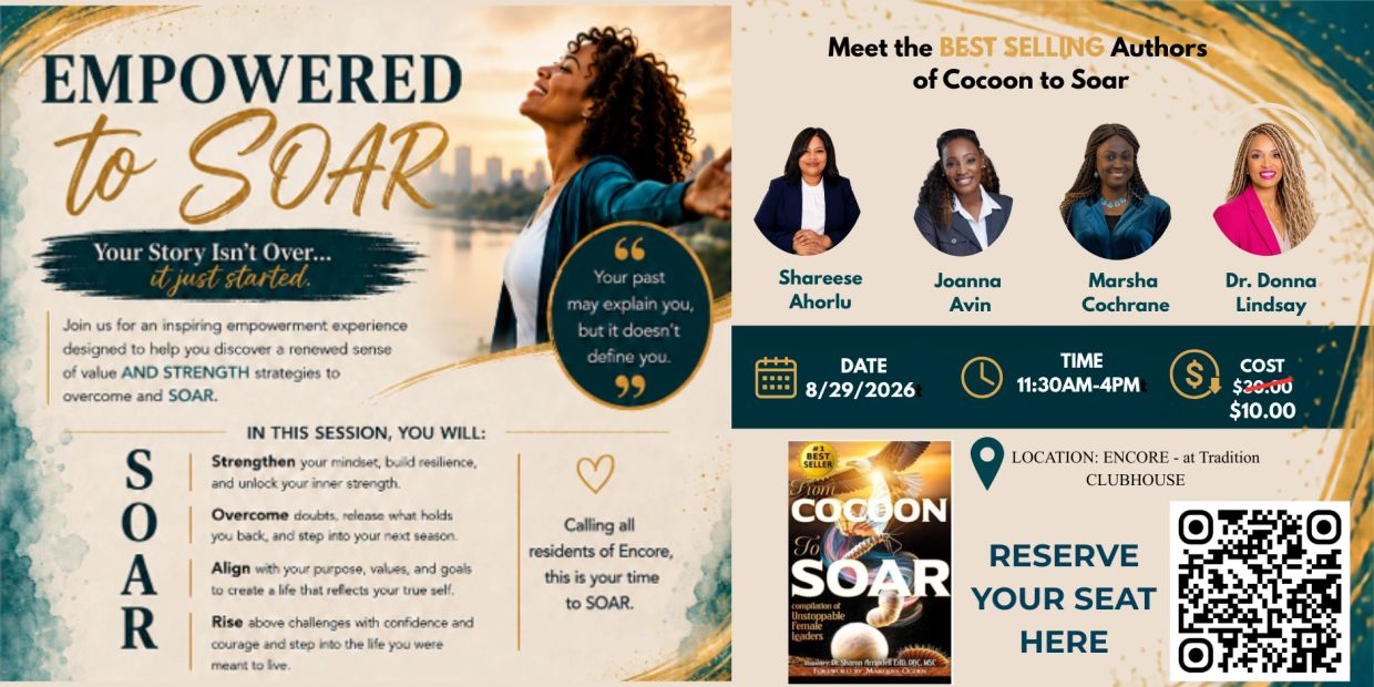 Empowerment event titled "Empowered to Soar" with best-selling authors and strategies to build strength and resilience.