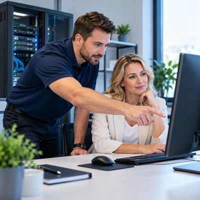 IT technician assisting a colleague at a desktop computer.