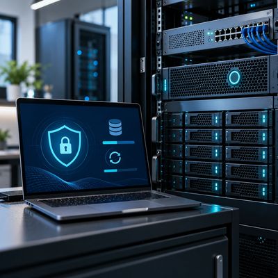 Laptop with cybersecurity display in server room.