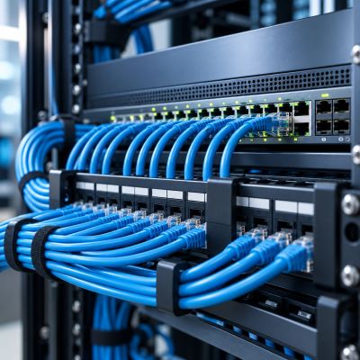Blue Ethernet cables connected to network switches in a data center.