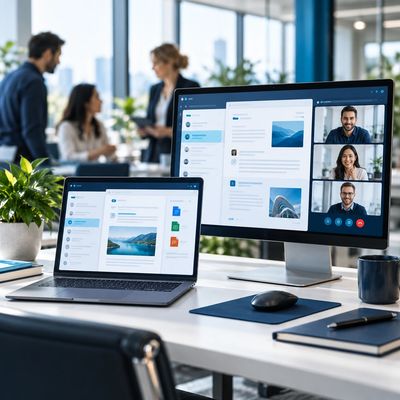 Modern office workspace with video conference on screens.