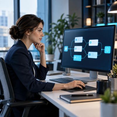 Woman analyzing flowchart on computer in office.