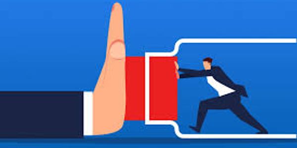 Illustration of a businessman blocking a large hand pressing a button.