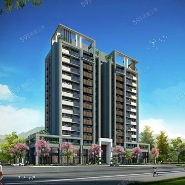 Modern high-rise residential building with balconies and surrounding greenery.