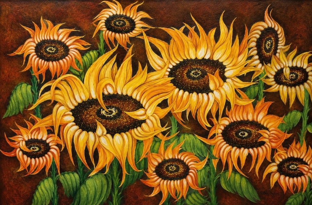  GIRASOLES . 60 X 92 cm. Óleo sobre lienzo. Formas orgánicas, empaste y color.