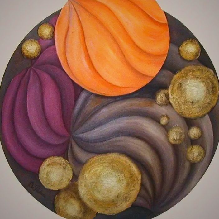 Obra “El Mundo” de  De Padua:  pintura abstracta sobre madera con esferas matéricas en tonos tierra 