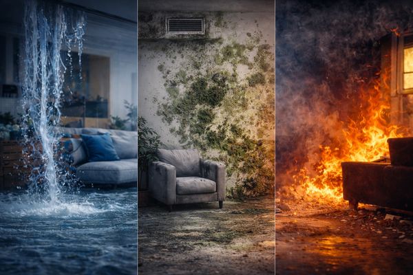 Three living rooms damaged by water, mold, and fire respectively.