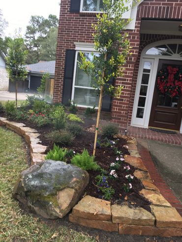 Front yard landscaping with new sod, plants, and stone edging to improve curb appeal in Houston.