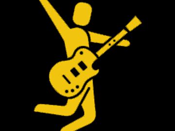 Gold silhouette of Guitar Player with one arm raised in the air on black background.