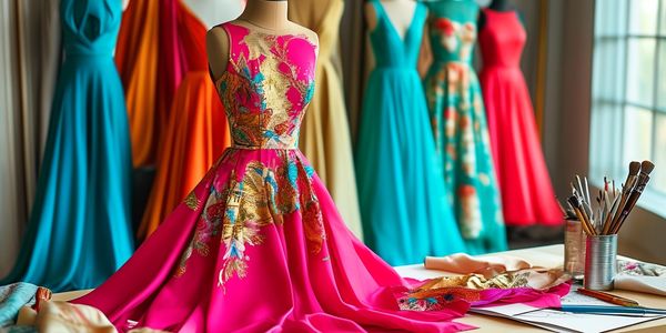 Designer sketching a custom dress with bright-colored fabric swatches.