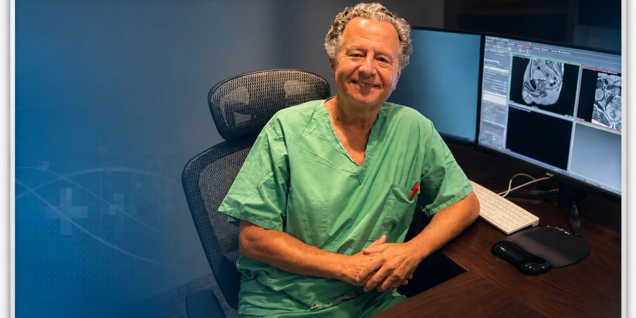 Dr Jurige at desk reviewing MRI images.
