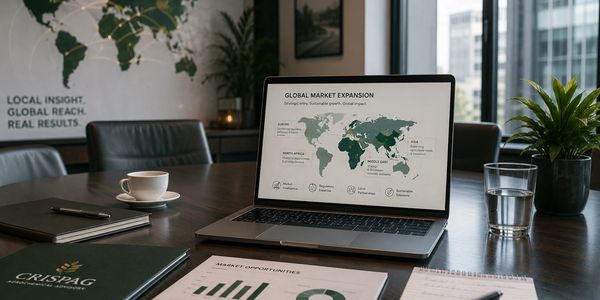 Laptop displaying global market expansion map on a conference table.