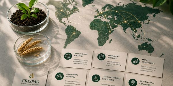Agricultural strategy concept with world map, plants, and advisory cards.