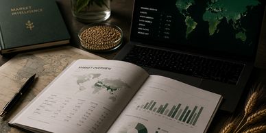 Workspace with market intelligence reports, a laptop, and data charts.