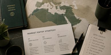 Workspace with market entry strategy documents and a map focused on Europe and the Middle East.