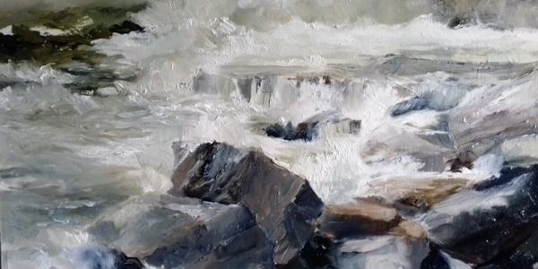 Impressionist painting of turbulent water flowing over rocks.