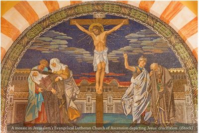 Mosaic of Jesus' crucifixion in Jerusalem's Evangelical Lutheran Church.