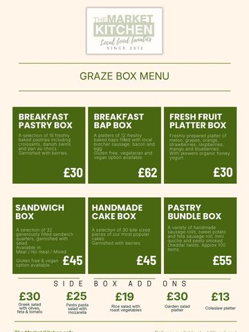 Menu of breakfast and snack boxes with prices.