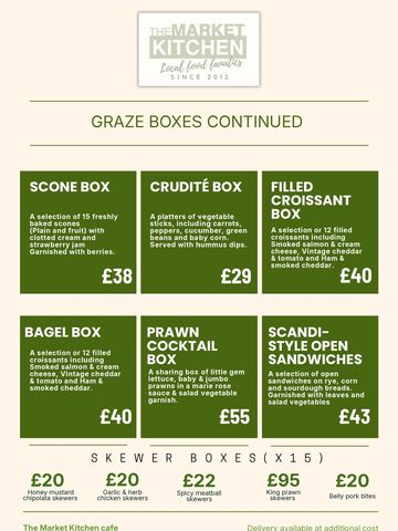 Menu display of various food boxes with prices.