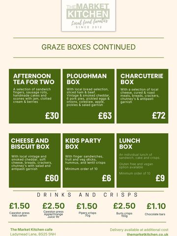 Menu showing various graze boxes and drinks with prices from The Market Kitchen.