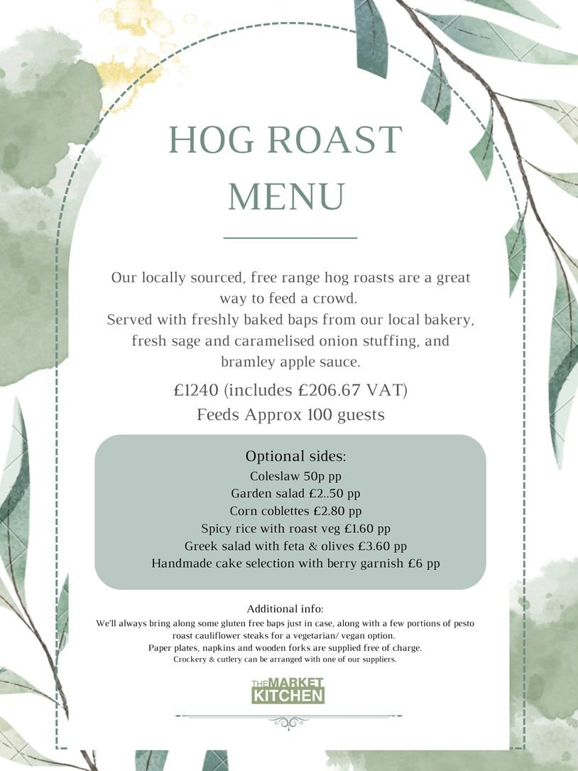 Hog roast menu with sides and additional info for 100 guests.