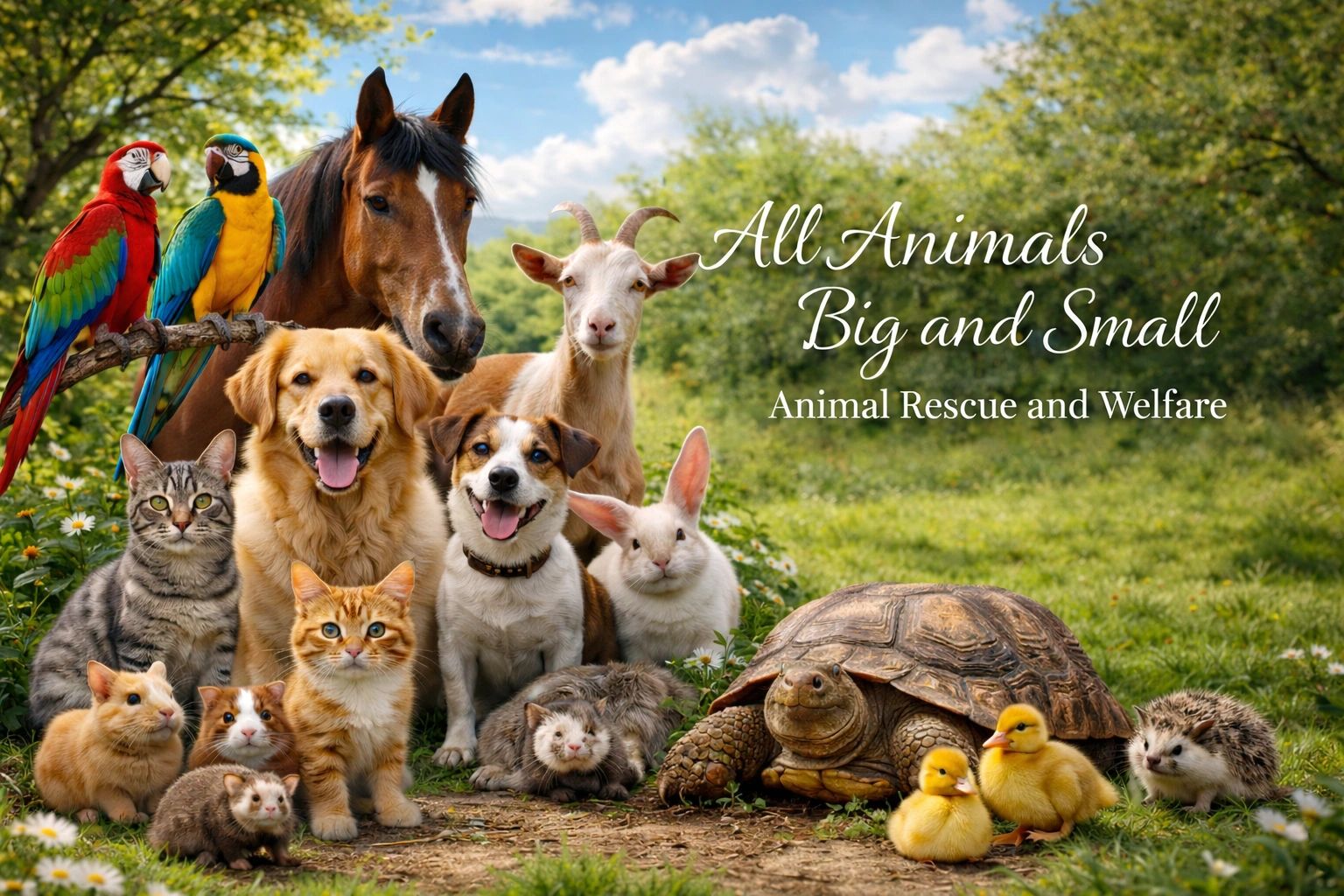 A diverse group of animals gathered outdoors for rescue and welfare.