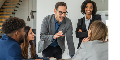 Business team engaged in a discussion around a table.