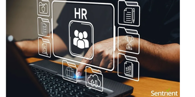 Person using laptop with digital HR icons overlay.