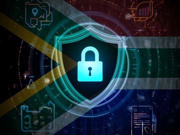 A glowing lock on a shield with the South African flag, symbolizing cybersecurity.