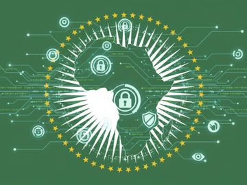 Digital security concept with Africa map surrounded by stars and technology icons.