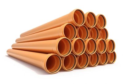 Stack of orange plastic pipes arranged in a pyramid shape.