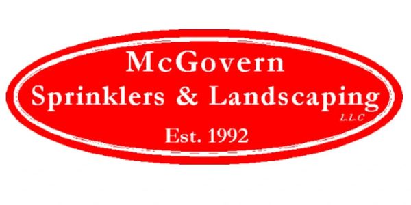 Red oval logo for McGovern Sprinklers & Landscaping, est. 1992. Drainage solutions, Irrigation solutions, irrigation repairs, landscaping services, irrigation installation, irrigation services, irrigation