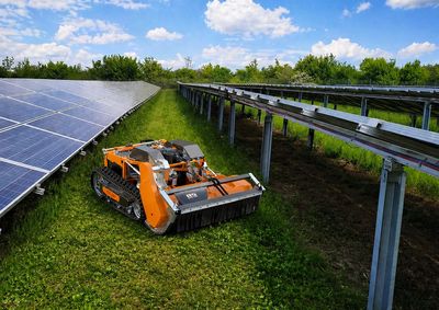 An orange robotic mower cuts grass between solar panels on a sunny day.