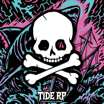 Skull and crossbones with a shark and ship in a vibrant, colorful design.