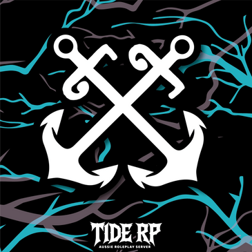 Logo with crossed white anchors and abstract blue and gray waves on black background.