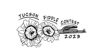 Logo for Tucson Fiddle Contest 2023 with floral and fiddle illustration.