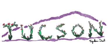 The word "TULSON" spelled out with cactus plants and flowers.