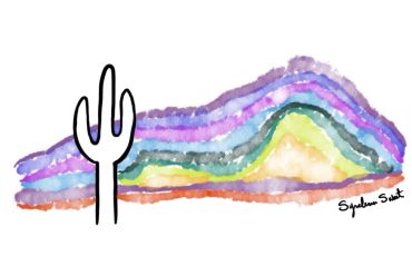 Watercolor rainbow mountain with a stylized cactus silhouette.