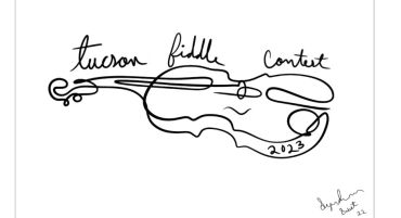 Minimalist line drawing of a fiddle with text elements.