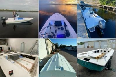 Collage of various small boats, some on water, some in storage or under construction.