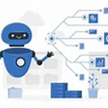 Illustration of a friendly robot with data connections.