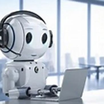 Robot working at a laptop with headset.