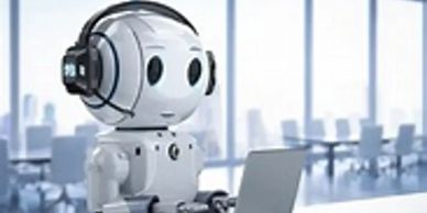Robot working at a laptop with headset.